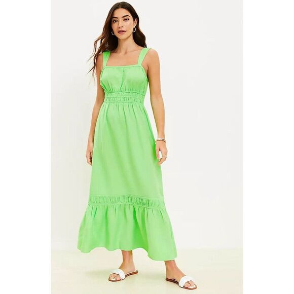 LOFT Lime Green Linen‎ Blend Shirred Maxi Dress Womens - Picture 1 of 9